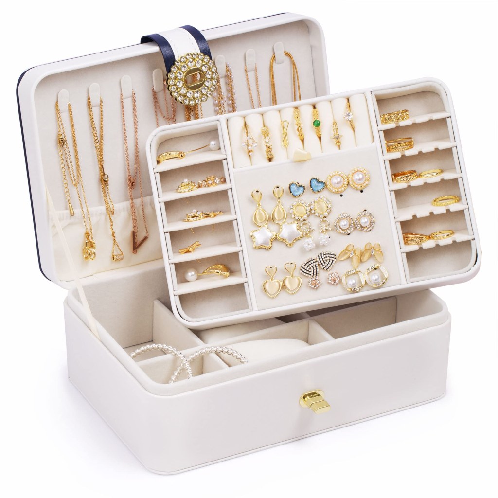 Picture of: Jewelry Organizer Box, Portable Earring Jewelry Box, Earring Box Organizer  Suitable for Girls Women Ladies, Double Layer Jewelry Storage Case for Home